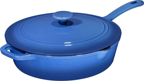 Enameled Cast Iron Skillet Deep Saut Pan with Lid; 12 Inch; Duke Blue; Superior Heat Retention - blue - Cast Iron