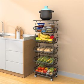 6-Tier Multifunction Fruit Vegetable Rack; Stackable Rolling Cart with Solid Wood; Kitchen Storage Rack for Onions; Potatoes - Black - Metal