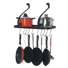 Wall Mount Pot Pan Rack Kitchen Cookware Storage Organizer 24 by 10 in with 10 Hooks - Black