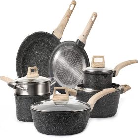 Nonstick Pots and Pans Set;  11 Pcs Granite Stone Kitchen Cookware Sets (Black) - Black