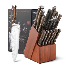 15 Pieces Stainless Steel Knife Block Set with Ergonomic Handle - Silver + Brown