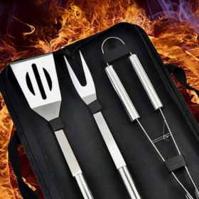 3 PCS Stainless Steel BBQ Grill Utensils Set - Silver