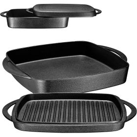 2-in-1 Pre-seasoned Square Cast Iron Baking Dish Cookware Pan - Black