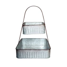 2 Tier Square Galvanized Metal Corrugated Tray with Arched Handle; Gray - BM195137