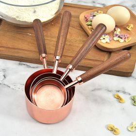 Rose Gold Measuring Cups and Spoons Set, Copper Pink Stainless Steel Cup and Spoon with Wooden Handle, Coffee Cake Milk Baking Measuring Cup - 8-PC