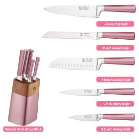 Professional 6 Pieces Knife Set With Block - Premium German Steel Chef Knife Set With Hollow Handle - Pink