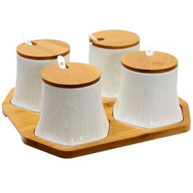 Elama Ceramic Spice, Jam and Salsa Jars with Bamboo Lids &amp; Serving Spoons (Color: White, Material: Ceramic)
